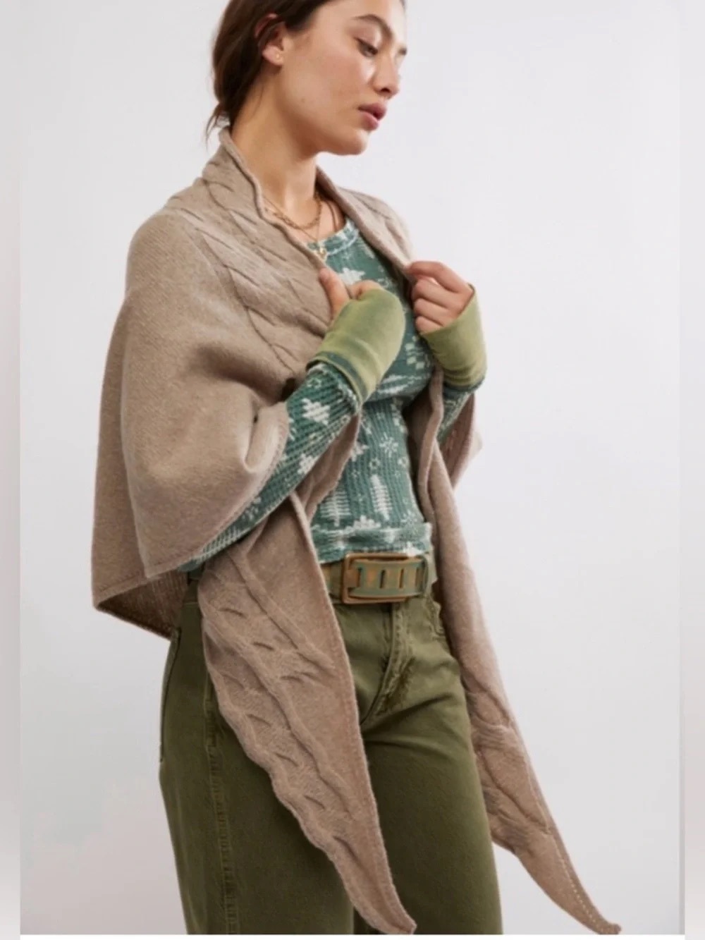 Free People Coastline Cable Knit Triangle Scarf Wrap Tan